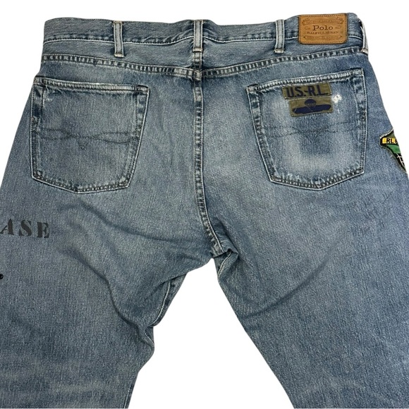 Polo Ralph Lauren Varick Slim Straight Jeans Military Patches Distressed 38 x 32 - Picture 8 of 16